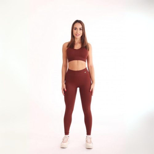 Thinly ribbed, seamless chocolate brown sports bra + long pants
