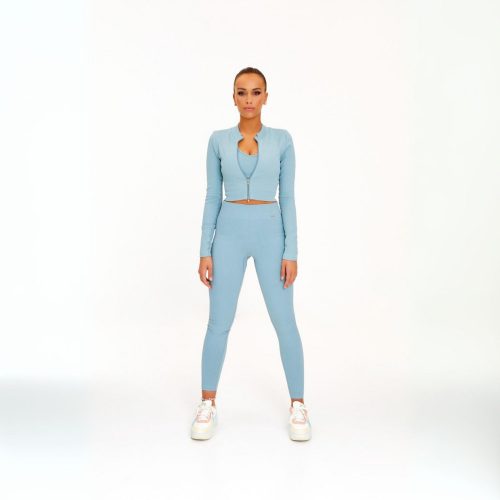 Thinly ribbed and seamless sea blue long-sleeved top + long pants